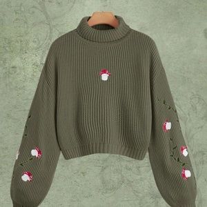Embroidery high neck bishop sleeve sweater